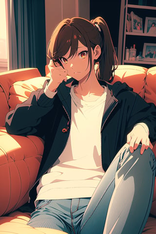 1girl,25 years old,ponytail,brown eyes,brown hair,portrait,vintage aesthetic,jacket,jacket off shoulders,oversized white shirt,big oversized jeans, school shoes,illustration,fcloseup,rgbcolor, full_body, sitting, vintage sofa,front view, looking_at_viewer, smug look,photostudio,emotion,body looking forward, midnight, make-up, lipstick, relax