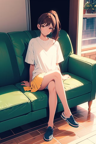 1girl,25 years old,ponytail,brown eyes,brown hair,portrait, white oversized sportswear,white t-shirt, miniskirt,big thights,crossed legs,illustration,fcloseup,rgbcolor, full_body, sitting, vintage sofa,front view, looking_at_viewer, smug look,photostudio,emotion,body looking forward, midnight