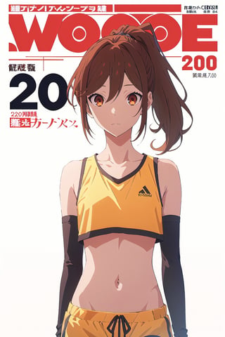 2000s fashion,horimiya_hori,1girl,20 years old,brown eyes,magazine cover,modeling pose, standing,foreground,dominant,pov_eye_contact,arm warmers,sports shorts, tube top,long_ponytail, white background