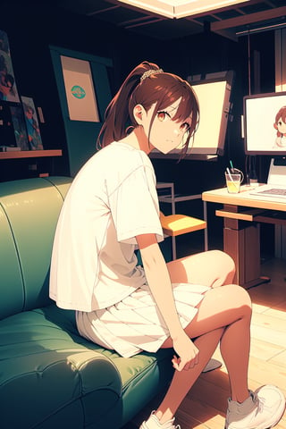 1girl,25 years old,ponytail,brown eyes,brown hair,portrait, white sportswear,white t-shirt, vintage skirt,illustration,fcloseup,rgbcolor, full_body, sitting, vintage sofa,front view, looking_at_viewer, smug look,photostudio,emotion,body looking forward, midnight