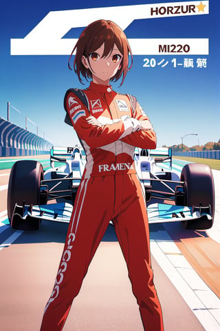 formula 1,horimiya_hori,1girl,20 years old,brown eyes,magazine cover,modeling pose, standing,foreground,dominant,pov_eye_contact, driver racing suit, formula 1 car, photoshoot, medium hair, helmet