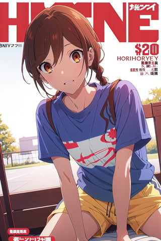 horimiya_hori,1girl ,brown eyes,
long braids hairstyle,magazine cover,modeling pose, foreground,sports t-shirt,sports shorts,pov_eye_contact, front view,dominant