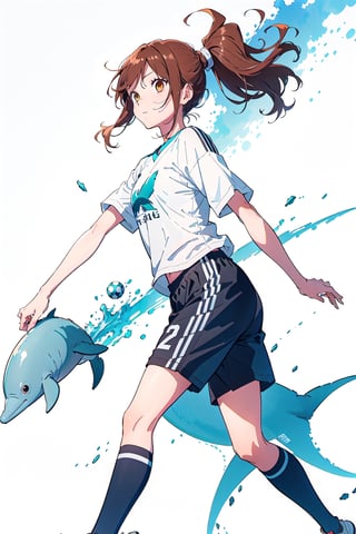 manga, 1girl, solo female, 20 years old,mature, long hair, ponytail,soccer clothing,dolphin short,short t-shirt, playing soccer, jumoing, park, playing,hori kyouko,full_body,watercolor, no_color, photoshoot, model,,lineart,rough sketch,RGB, mature_female,chromatic aberration, white_background, simple shadows
