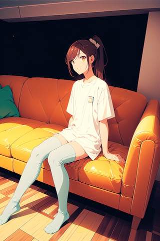 1girl,25 years old,ponytail,brown eyes,brown hair,portrait,oversized white t-shirt, vintage jean,illustration,fcloseup,rgbcolor, full_body, sitting, vintage sofa,front view, looking_at_viewer, smug look,photostudio,emotion,body looking forward, midnight, naked_thighhighs