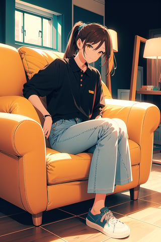 1girl,25 years old,ponytail,brown eyes,brown hair,vintage aesthetic,portrait,oversized white polo shirt,big oversized jeans,
old school shoes,illustration,fcloseup,rgbcolor, full_body, sitting, vintage sofa,front view, looking_at_viewer, smug look,photostudio,emotion,body looking forward, midnight, make-up