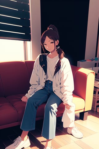 1girl,25 years old,ponytail,brown eyes,brown hair,portrait,jacket,jacket_off_shoulders,oversized white shirt,big oversized jeans, school shoes,illustration,fcloseup,rgbcolor, full_body, sitting, vintage sofa,front view, looking_at_viewer, smug look,photostudio,emotion,body looking forward, midnight, make-up, lipstick, relax