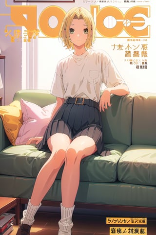 horimiya_yuki,1girl blonde hair,
vintage long hairstyle,magazine cover,modeling pose, ,sofa,sitting,vintage skirt, vintage boots, sports white shirt tucked into skirt, giant belt,socks