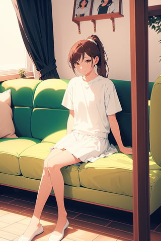 1girl,25 years old,ponytail,brown eyes,brown hair,portrait, white sportswear,white t-shirt, vintage skirt,illustration,fcloseup,rgbcolor, full_body, sitting, vintage sofa,front view, looking_at_viewer, smug look,photostudio,emotion,body looking forward