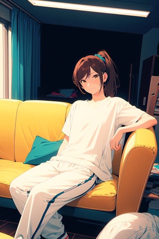 1girl,25 years old,ponytail,brown eyes,brown hair,portrait, white sportswear,white t-shirt, vintage pant,illustration,fcloseup,rgbcolor, full_body, sitting, vintage sofa,front view, looking_at_viewer, smug look,photostudio,emotion,body looking forward, midnight
