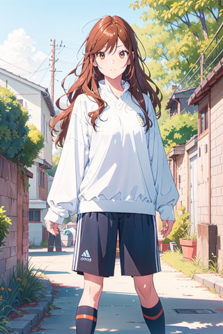 manga, 1girl, solo female, long hair, tight soccer clothing, playing soccer, jumoing, park, playing,hori kyouko,full_body,watercolor, no_color, photoshoot, model,,lineart,rough sketch,RGB, mature_female,chromatic aberration, mature face