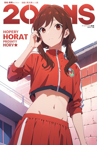 coquette aesthetic,horimiya_hori,1girl,20 years old,brown eyes,magazine cover,modeling pose, standing,foreground,pov_eye_contact,oversized tracksuit,bare belly, high waist skirt