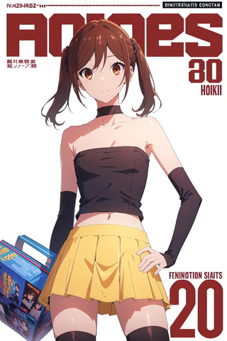 2000s fashion,horimiya_hori,1girl,20 years old,brown eyes,magazine cover,modeling pose, standing,foreground,dominant,pov_eye_contact,arm warmers,mini skirt, tube top,long pigtails, white background, thighs