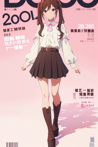 coquette aesthetic,horimiya_hori,1woman,20 years old,brown eyes,long twintails,magazine cover,modeling pose, standing,foreground,pov_eye_contact,full_body,pink large blouses,mini skirt,knee socks, belt,platform boots,bare belly,puffed sleeves