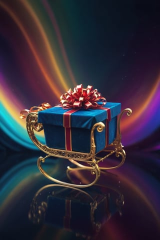  An award winning CG, abstract style, 4k, key visual, masterpiece, rich and deep colors, studio photography, ultra sharp, vibrant, colorful presents in a sleigh, at the bottom of the view, curvy, elegant, flowy, graceful, stunning caustics, beautiful refections, amazing highlights, simple gradient background