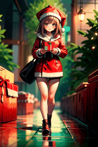 (Masterpiece), Female Santa carrying presents walking down the Christmas tree road and runs in the snowflakes, (smile: 0.3),reflection, red hat, red coat with fur, boxes of presents, Christmas Trees in the background