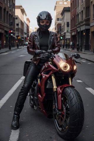 A female riding a red motorcycle, (2023 Kawasaki Ninja ZX-4RR), ((black helmet)), ((dark red jacket)), ((black pants)), (black boots)), ((black gloves)), street side background, highway, street racing, cinematic, High detail, high quality, 8k, Kinfolk Magazine. Film Grain. Kodak gold 400, ,photorealistic,sprbk,female,modelshoot style,Masterpiece