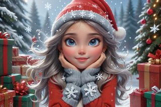 In this Christmas scene, a petite girl twirls around piles of presents, She wears a red Christmas hat, and her long hair dances in the chilly breeze. Wrapped in a deep red wool sweater, her scarf is adorned with delicate snowflake patterns.

The cold air tinges her cheeks with a slight rosy hue, while her eyes sparkle with warm anticipation. The slightly upturned face reveals a hope for the Christmas miracle. Snowflakes create a silver crown on her hair, as if crafting an ice and snow tiara for her.

Though her hands are not visible from behind, her posture exudes tranquility and expectation. Surrounding her is a silver-clad snowy scene, with a Christmas tree adorned with dazzling lights and gifts. The entire scene emanates warmth and joy, as if the magic of Christmas is about to unfold around her. (((Presents everywhere))),Apoloniasxmasbox,3D