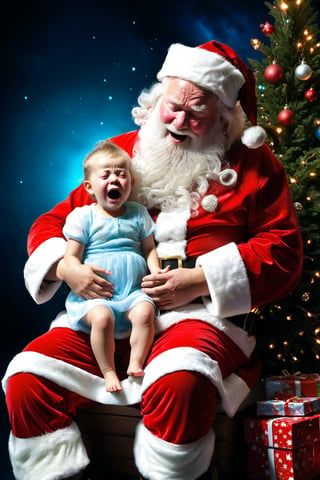 Realistic, high resolution, a mesmerizing display of bioluminescent brilliance, child crying on Santa Claus lap, embarassed