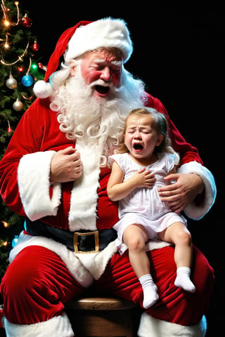 Realistic, high resolution, a mesmerizing display of bioluminescent brilliance, child crying on Santa Claus lap, embarassed