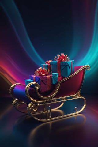  An award winning CG, abstract style, 4k, key visual, masterpiece, rich and deep colors, studio photography, ultra sharp, vibrant, colorful presents in a sleigh, at the bottom of the view, curvy, elegant, flowy, graceful, stunning caustics, beautiful refections, amazing highlights, simple gradient background