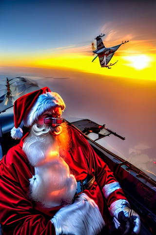  Santa_fighter_jet_pilot_selfie_v2,   malice_(riviera), white beard, white_hair, red hat, red santa suit, gloves, sitting, joyful smile, sweat, orange sky, dogfight, falling presents, presents with parachutes, ultra detailed, masterpiece, best quality, aesthetic, detailed,