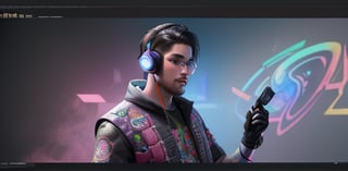 A Guy streamer, ((using glases and headset)), Line drawing watercolour, vibrant, colourful, 3d, 12k octane render, detailed acrylic, grunge, intricate complexity, rendered in unreal engine, photorealistic mage banner design for a website
