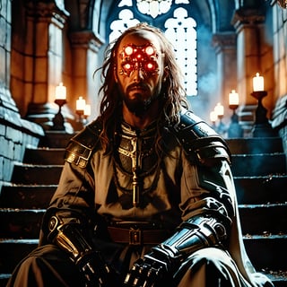 high quality, 1knight, xl_cpscavred, robot, in a cloister, Medieval, sitting on stairs, long beard, messy hair, dark, damaged, half-body view, white robe,nodf_xl,Extremely Realistic