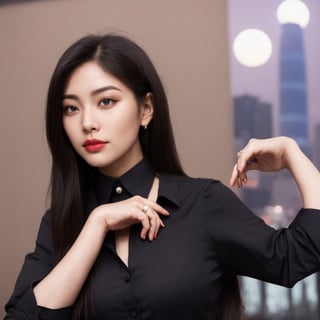 a perfect photo,sharp focus, of a beautiful (Asian korean woman),wearing black shirt , at the Lotte world tower, fullmoon background
,Lipstick