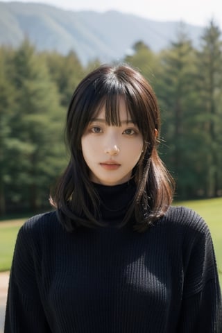 1girl, solo, looking at viewer, bangs, black hair, long sleeves, holding, upper body, outdoors, parted lips, open clothes, day, medium hair, blurry, black eyes, sweater, lips, coat, blurry background, turtleneck, turtleneck sweater, realistic, photo background.
