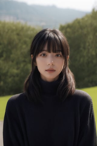 1girl, solo, looking at viewer, bangs, black hair, long sleeves, holding, upper body, outdoors, parted lips, open clothes, day, medium hair, blurry, black eyes, sweater, lips, coat, blurry background, turtleneck, turtleneck sweater, realistic, photo background.