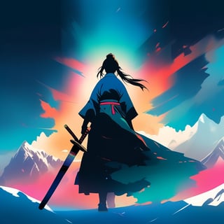 A minimalist design with a vintage touch, featuring a cool, beautiful and stylish anime a female samurai clothes silhouette in faded, camera from the back, awesome and bright colors. holding a sword on right hand ,long hair, dynamic pose, beautiful cute and skins woman with long leg, full body ,wearing trandition dress, A giant snow Mt.Everest mountain with a cave in tibet, a beautiful sunset sky with crazy auroras, vivid colors, ultra-detailed, best quality, absurdres, masterpiece