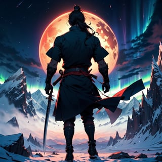 A minimalist design with a vintage touch, featuring a cool, beautiful and stylish anime a male with samurai looking clothes silhouette in faded, long hair, full body, camera from the back, awesome and bright colors, holding a long sword, with blindfold, dynamic pose, handsome cute and skins man with long leg, wearing trandition dress, A giant snow Mt.Everest mountain with a cave in tibet, a beautiful sunset sky with crazy auroras, vivid colors, ultra-detailed, best quality, absurdres, masterpiece