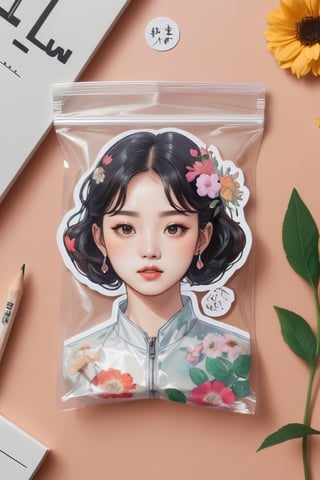 futuristic ziploc bag with a sticker of a korean woman portrait on it with others funny stickers, floral, pencil drawing
