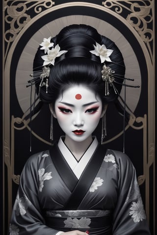 black and grey geisha, minimalist, black metal, ornemental, gore, art nouveau, jorogumo