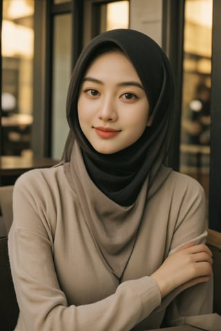 portrait of a beautiful girl, wearing a Islamic hijab, best quality, 4k, high resolution, masterpiece: 1.2, highly detailed, realistic: 1.3, outdoor new york cafe background, sitting on a cafe chair, natural,asiangirl