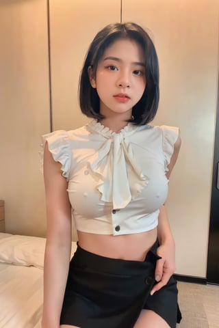 (Realistic, RAW photo), a portrait photograph of a 16-year-old Indonesian Woman, flash, big breasts,natural skin, 8k uhd, high quality,short hair, film grain, (Fujifilm XT3) ,dream_girl, 
Clothes: Black mini skirt, white blouse,
Other: wearing high heels,ZeeJJKT48