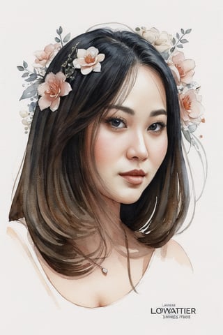 8k, illustration, loveley,occult, moody, flat linework, Ink Lineart, watercolor, poster colors,Long hair, well drawn face, well drawn eyes, flower, dynamic pose, paper white background, amazing artwork, serendipity art, Face,Close-up. intricate details, highly detailed, masterpiece, best quality, lineart, linewatercolorsdxl, Flat vector art,lamydef,girl wear brown dress, AkinaA,sketch art,shiny