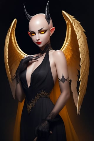 half angel, half demon character, bald, woman, thin short horns on the sides of the head above the ears, bright yellow eyes, open angel wings, hand with long nails placed delicately on the chin, mesh gloves, dress black with neckline. fantasy style
