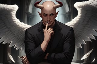 character half angel, half demon, bald, short horns, open angel wings, hand with long nails placed delicately on the chin