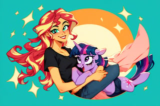 Prompt: Score_9, Score_8_up, Score_7_up, Score_6_up, Score_5_up, Score_4_up, source_cartoon, my little pony  , starry_background, spinning, twilght_sparkle_(mlp), Sunset_shimmer_MLP, human girl. Punk clothing.  mlp cartoon art.  pony ears, bright eye makeup looks.  Black clothes, Be1nn1e, black_Lipstick, lips, pony tail, full_body, females hugging and smiling, twilight sparkle has purple and pink striped hair. 