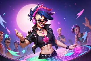 Prompt: Score_9, Score_8_up, Score_7_up, Score_6_up, Score_5_up, Score_4_up, source_cartoon, my little pony, 


Twilight_sparkle_(mlp), spinning DJ Club records,  wearing sunglasses, nightclub,



, wearing headphones, starry_background, spinning, MLP, human girl. Punk clothing.  mlp cartoon art.  pony ears, bright eye makeup looks.  Black clothes, Be1nn1e, black_Lipstick, lips, punk clothing, happy looks,  dancing, 