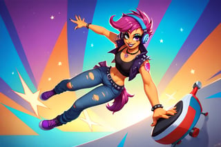 Prompt: Score_9, Score_8_up, Score_7_up, Score_6_up, Score_5_up, Score_4_up, source_cartoon, my little pony, 


scootaloo_(mlp), riding a skooter,



, wearing headphones, starry_background, spinning, MLP, human girl. Punk clothing.  mlp cartoon art.  pony ears, bright eye makeup looks.  Black clothes, Be1nn1e, black_Lipstick, lips, punk clothing, happy looks,  dancing, 