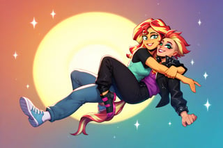 Prompt: Score_9, Score_8_up, Score_7_up, Score_6_up, Score_5_up, Score_4_up, source_cartoon, my little pony  , starry_background, spinning, twilght_sparkle_(mlp), Sunset_shimmer_MLP, human girl. Punk clothing.  mlp cartoon art.  pony ears, bright eye makeup looks.  Black clothes, Be1nn1e, black_Lipstick, lips, pony tail, full_body, females hugging and smiling