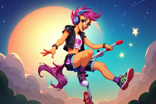 Prompt: Score_9, Score_8_up, Score_7_up, Score_6_up, Score_5_up, Score_4_up, source_cartoon, my little pony, 


scootaloo_(mlp), riding a skooter,



, wearing headphones, starry_background, spinning, MLP, human girl. Punk clothing.  mlp cartoon art.  pony ears, bright eye makeup looks.  Black clothes, Be1nn1e, black_Lipstick, lips, punk clothing, happy looks,  dancing, 