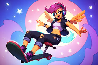 Prompt: Score_9, Score_8_up, Score_7_up, Score_6_up, Score_5_up, Score_4_up, source_cartoon, my little pony, 


scootaloo_(mlp), riding a skooter,



, wearing headphones, starry_background, spinning, MLP, human girl. Punk clothing.  mlp cartoon art.  pony ears, bright eye makeup looks.  Black clothes, Be1nn1e, black_Lipstick, lips, punk clothing, happy looks,  dancing, 