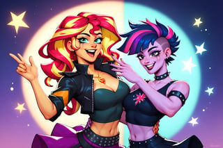 Prompt: Score_9, Score_8_up, Score_7_up, Score_6_up, Score_5_up, Score_4_up, source_cartoon, my little pony  
twilight sparkle and sunset shimmer, dancing, 2 women, starry_background, spinning, MLP, human girl. Punk clothing.  mlp cartoon art.  pony ears, bright eye makeup looks.  Black clothes, Be1nn1e, black_Lipstick, lips, punk clothing, happy looks,  dancing, 