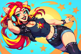 Prompt: Score_9, Score_8_up, Score_7_up, Score_6_up, Score_5_up, Score_4_up, source_cartoon, my little pony, sunset shimmer, wearing headphones, starry_background, spinning, MLP, human girl. Punk clothing.  mlp cartoon art.  pony ears, bright eye makeup looks.  Black clothes, Be1nn1e, black_Lipstick, lips, punk clothing, happy looks,  dancing, 