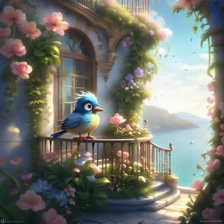 we see the DETAILED enchanted lovely balcony on the wall with great view to the sea, DETAILED ENCHANTED fluffy tiny FUNNY BIRD standing on the balcony next to an enchanted flower, airborne dust particles around. Modifiers: Unreal Engine, magical, Pino Daeni, midjourney, Astounding, outstanding, otherwordliness, cute illustration, cuteaesthetic, Boris Valejo style, highly intricate, whimsical, 4K 3D, stunning color depth, cute illustration, Nazar Noschenko CUTE paint style
