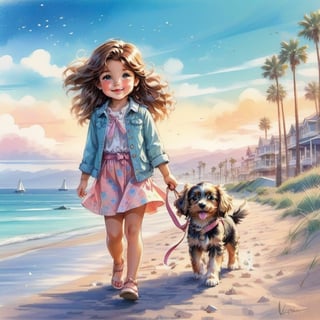 a stylish long haired CUTE LITTLE girl walking in the beach shore spring street with a cute puppy. Modifiers: Coby Whitmore crayon ART style, hippi fashion illustration, pastell crayon illustration, magazine illustration

