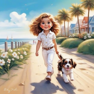 long haired LITTLE girl in white jeans and white polo walking in the spring time beach street with a cute puppy. Modifiers: Bob peak, Coby Whitmore ART style, fashion magazine illustration.